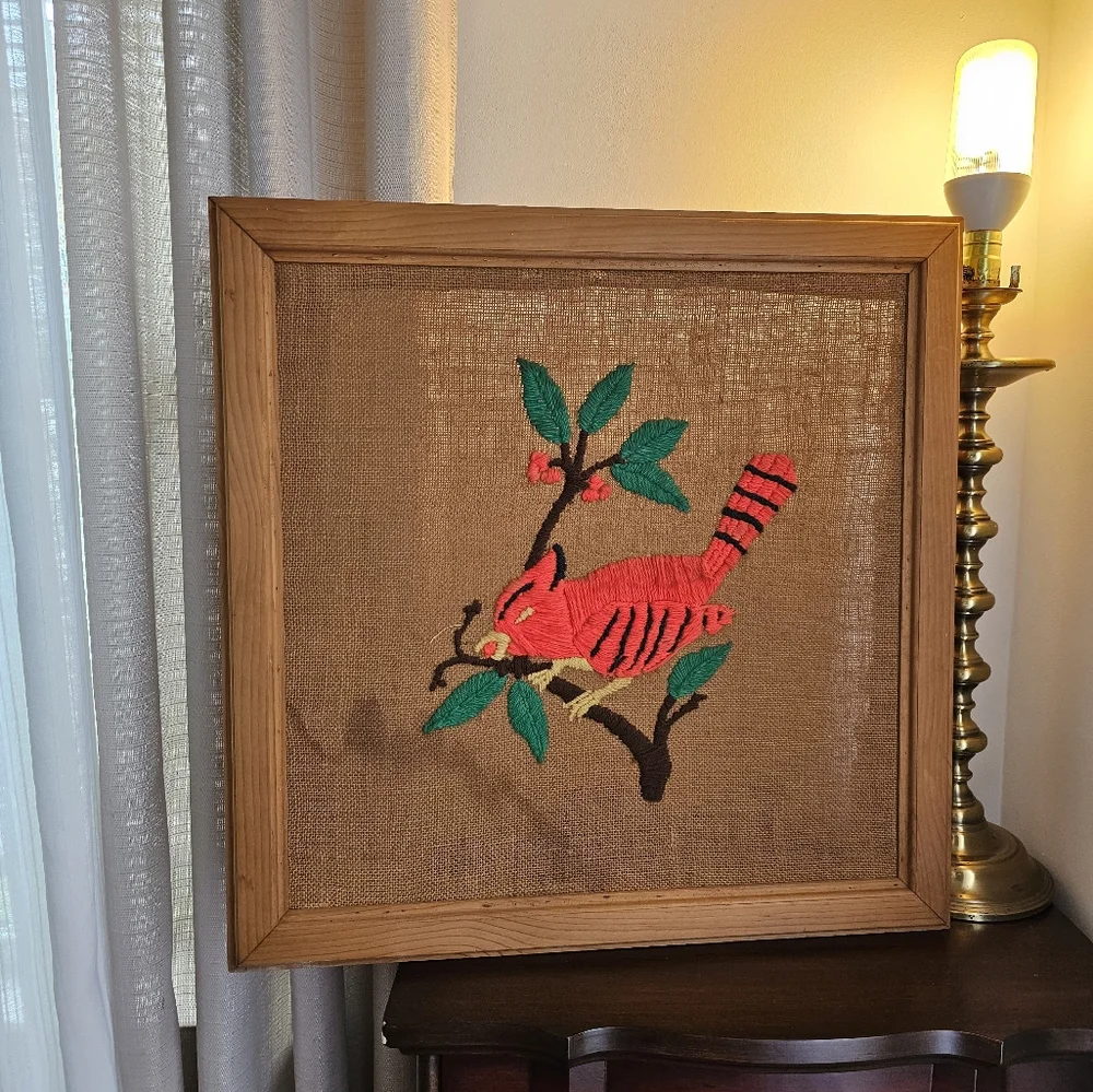 Antique Needlepoint Framed Wall Art Handcrafted Rustic Red Bird